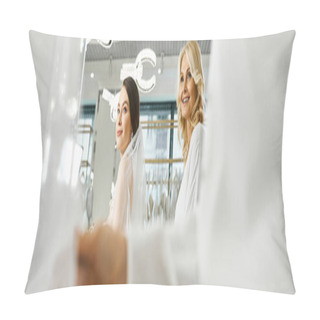 Personality  A Young Bride In A Wedding Dress Stands Beside Her Middle-aged Mother In A Bridal Salon, Looking Into A Mirror. Pillow Covers