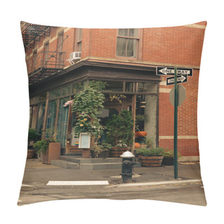 Personality  Red Brick Building With Green Potted Plants Near Shop With Showcases On Street With Road Signs In New York City Pillow Covers