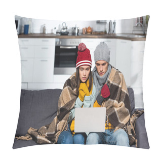 Personality  Freezing Couple In Warm Hats And Gloves Watching Movie On Laptop While Sitting On Sofa Under Plaid Blanket Pillow Covers