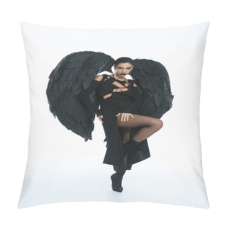 Personality  Full Length Of Woman In Costume Of Black Fallen Angel With Wings Looking At Camera On White Backdrop Pillow Covers