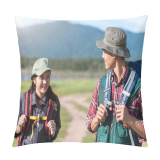 Personality  Two People Walking On Path In Meadow Field. Male And Female Traveler Looking At Attraction View Point. Couples Adventure At Outdoors Together. People And Lifestyles Concept. Trip And Camping Theme. Pillow Covers