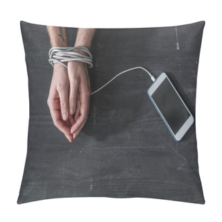 Personality  Cropped Shot Of Man With Hands Tied With Smartphone Wire, Phone Addiction Concept Pillow Covers