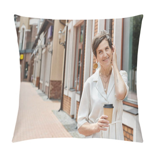 Personality  Happy Senior Woman Holding Paper Cup With Coffee To Go, Adjusting Short Hair, Urban Backdrop, Smile Pillow Covers