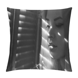 Personality  Woman Portrait Close Up Portrait Of A Young Woman Looking Through The Window. Pillow Covers