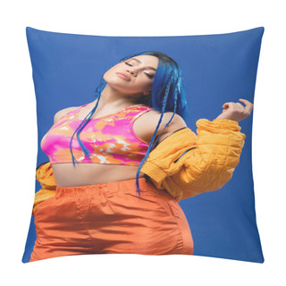 Personality  Colorful Clothes, Dyed Hair, Female Model With Blue Hair Posing In Puffer Jacket On Blue Background, Hand In Pocket, Vibrant Color, Urban Fashion, Individualism, Young Woman With Funky Look  Pillow Covers