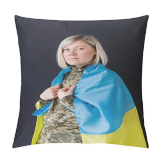 Personality  Woman In Military Uniform, With Ukrainian Flag On Shoulders, Looking At Camera Isolated On Black Pillow Covers