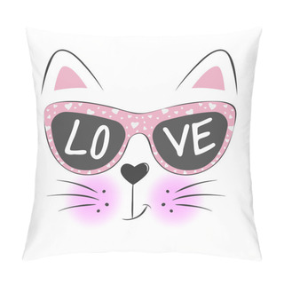 Personality  Lovely Cute Cat Face In Sunglasses, With Text Love Isolated Object On White Background. Pillow Covers