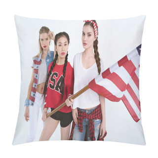 Personality  Young Women With American Flag Pillow Covers