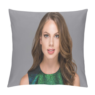 Personality  Portrait Of Beautiful Woman With Stylish Hairdo Isolated On Grey Pillow Covers