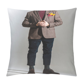 Personality  Cropped View Of Trendy Middle Aged Man Standing On Grey  Pillow Covers