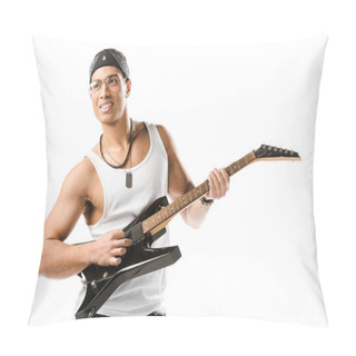 Personality  Smiling Mixed Race Male Rock Musician Playing On Electric Guitar Isolated On White Pillow Covers