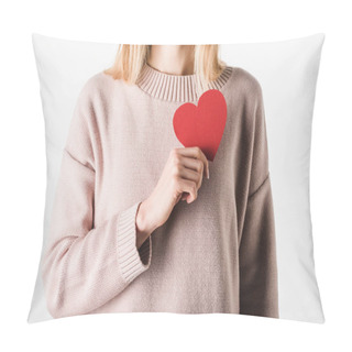 Personality  Partial View Of Blonde Woman In Beige Sweater Holding Paper Heart Pillow Covers