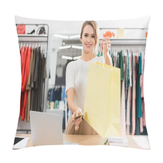 Personality  Cheerful Seller Holding Shopping Bag And Money In Showroom  Pillow Covers