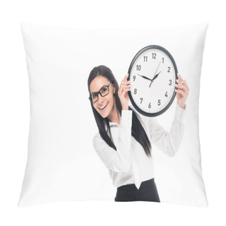 Personality  Smiling Brunette Businesswoman In Shirt Holding Clock Isolated On White Pillow Covers