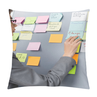 Personality  Blurred African American Businesswoman Looking At Colorful Sticky Notes With Lettering  Pillow Covers