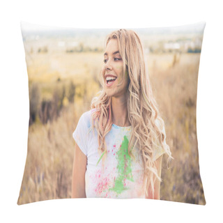 Personality  Attractive Woman In T-shirt Smiling And Looking Away Outside  Pillow Covers