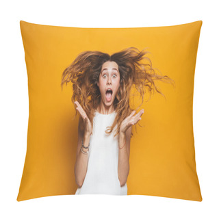 Personality  Portrait Of A Shocked Young Girl Screaming Isolated Over Yellow Background Pillow Covers