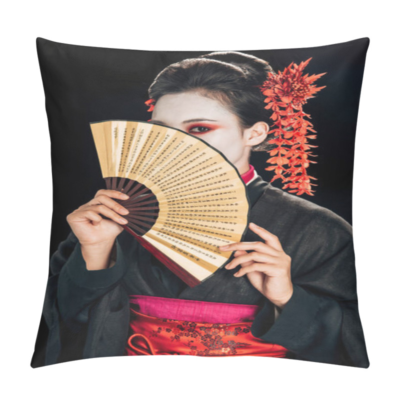 Personality  Geisha In Black Kimono With Red Flowers In Hair And Obscure Face Holding Traditional Asian Hand Fan Isolated On Black Pillow Covers