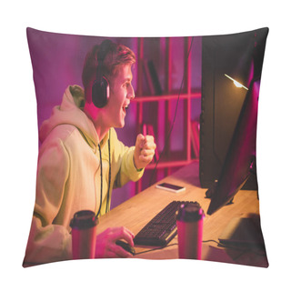 Personality  Cheerful Gamer Showing Yeah Gesture Near Computer, Coffee To Go And Smartphone On Blurred Background  Pillow Covers