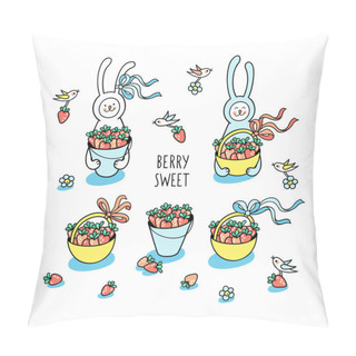 Personality  Berry Sweet. Summer Set With Hand Drawn Sign, Bunny Rabbits And Little Birds. Bunny Rabbits Hold Full Baskets Of Strawberries. Cute Characters And Graphic Elements For Kids Design On White. Pillow Covers