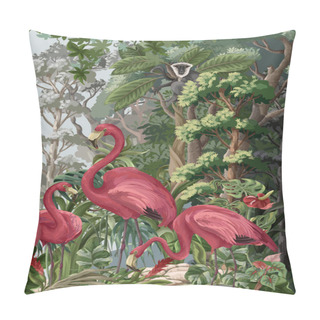 Personality  Flamingos In The Tropical Forest. Vector Pillow Covers