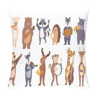 Personality  Set Of Animals Play Music. Cute Sheep, Bear, Raccoon And Hedgehog, Badger, Hippopotamus, Sloth And Deer With Monkey, Giraffe And Moose Playing On Different Instruments. Cartoon Vector Illustration Pillow Covers
