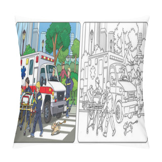 Personality  Paramedics And Doctor Take The Patient To The Ambulance. Coloring Book. Children Vector Black And White Illustration Pillow Covers