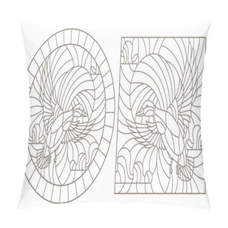 Personality  A Set Of Contour Illustrations Of Stained Glass Flying Ducks Against The Sky, Dark Contours On A White Background Pillow Covers