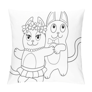 Personality  A Pair Of Cute Dancing Cats - Vector Linear Picture For Coloring. Funny Cat And His Girlfriend Are Dancing. On The Cat There Are Beads, A Skirt And A Wreath, On The Cat A Bow Tie Is Put On. March Cats. Outline Pillow Covers