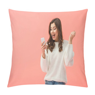 Personality  Surprised And Attractive Woman In White Sweater Holding Smartphone Isolated On Pink Pillow Covers