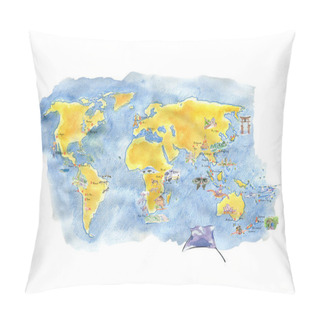 Personality  Hand Drawn Watercolor World Map, Attractions Pillow Covers
