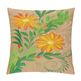 Personality  Pattern In Ethnic Style. Petrikovskaya Painting. Flower Composition. Stylized Flowers. Use Printed Materials, Signs, Objects, Websites, Maps, Posters, Postcards, Packaging.  Pillow Covers