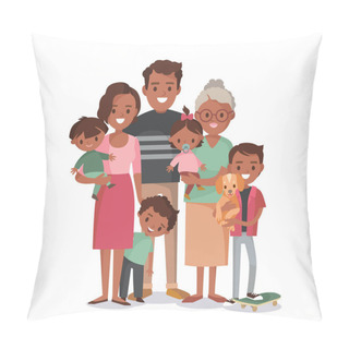 Personality  Big Happy Multi-generational Afro-american Family Siblings Relatives Portrait. Vector People. Seniors Mother And Father With Babies, Children Grandchildrens And Grandparents. Grandma Mom Dad. Pillow Covers