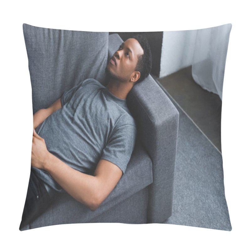 Personality  lonely sad african american man lying on sofa at home pillow covers
