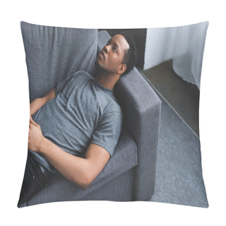 Personality  Lonely Sad African American Man Lying On Sofa At Home Pillow Covers