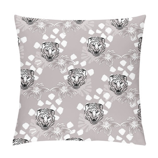 Personality  Vector Seamless Pattern With Tiger Heads And Flowers On Gray Taupe Dotted Background. Fabric Design For Tshirts And Blouses. Pillow Covers