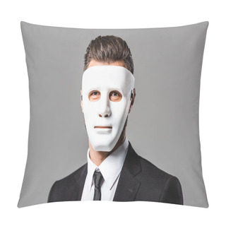 Personality  Mysterious Businessman In Black Suit And White Mask Isolated On Grey Pillow Covers