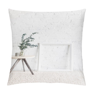 Personality  Empty Frame In Front Of White Brick Wall With Flower Pot On Table, Mockup Concept Pillow Covers