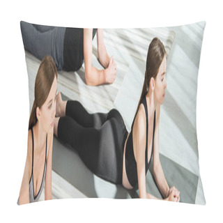Personality  Panoramic Shot Of Young Women Practicing Yoga In Sphinx Pose Pillow Covers