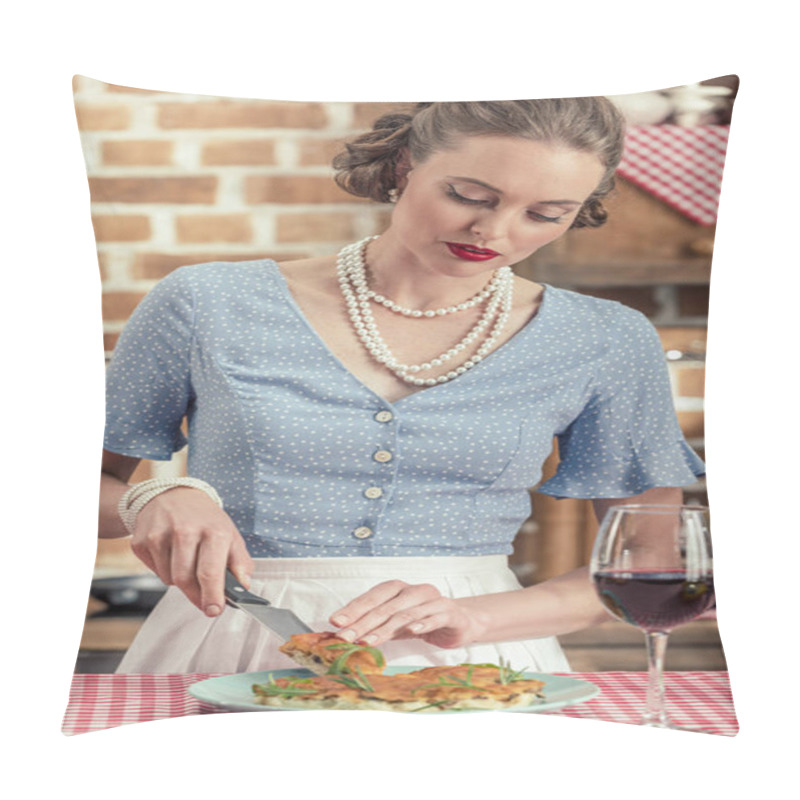 Personality  beautiful adult housewife cutting fresh mushroom cake at kitchen pillow covers
