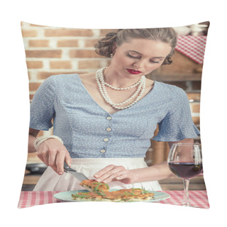 Personality  Beautiful Adult Housewife Cutting Fresh Mushroom Cake At Kitchen Pillow Covers