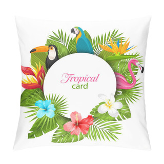Personality  Summer Card With Tropical Plants, Hibiscus, Plumeria, Flamingo, Parrot, Toucan Pillow Covers