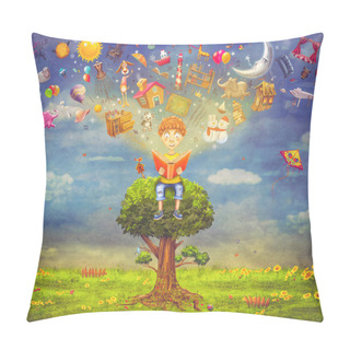 Personality  Little Boy Sitting On The Tree And  Reading A Book, Objects Flying Out Pillow Covers