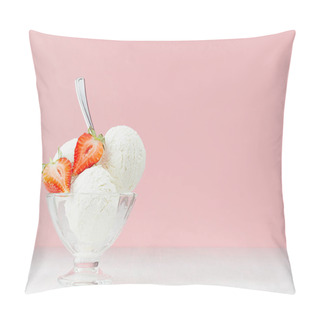 Personality  Seasonal Sweet Dairy Dessert - Creamy Ice Cream Scoops In Elegant Bowl With Silver Spoon, Strawberry Slice In Modern Stylish Pastel Pink Interior. Pillow Covers