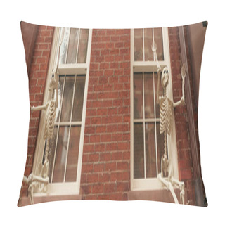 Personality  Low Angle View Of Creepy Halloween Skeletons On White Windows Of Brick House In New York City, Banner Pillow Covers