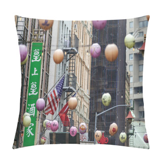 Personality  Typical Decoration Of Chinatown, A Very Lively Neighborhood And Very Populated With Lanterns, Influenced By The Asian Culture Where The Chinese New Year Is Celebrated In New York (USA). Pillow Covers