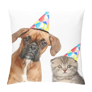 Personality  Dog And Cat In Party Cap On White Background Pillow Covers