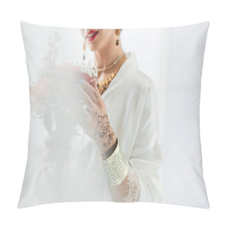 Personality  Cropped View Of Indian Bride Holding Bouquet Of Flowers On White Pillow Covers