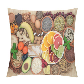 Personality  Super Food To Relieve Anxiety And Stress With Herbs And Spices Used In Herbal Medicine That Also Help With Relaxation And Reduce Chronic Fatigue And Depression. Top View On Oak Wood Table. Pillow Covers