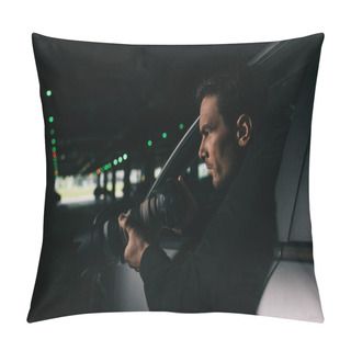 Personality  Side View Of Male Paparazzi Doing Surveillance By Camera From His Car  Pillow Covers